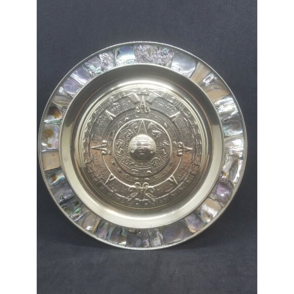 Mexican Alpaca AZTEC Calendar Silver Tray Dish Abalone Shell Rim German Silver - Picture 1 of 7